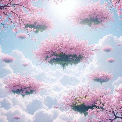 The primary subject of the image is a group of pink flowers floating in a cloudy sky. The setting is a whimsical, dreamy atmosphere with the flowers hovering above a grassy surface. The visual style is a combination of digital art and illustration, creating a surreal and imaginative scene. The dominant colors are pink and white, giving the image a soft and dreamy mood.